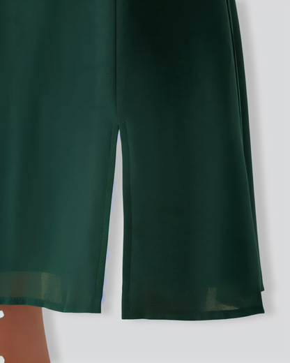 The Green Stand Collar Sheer Slit Mini Dress