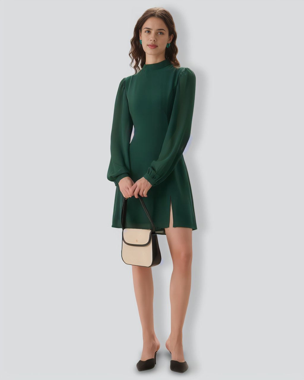 The Green Stand Collar Sheer Slit Mini Dress