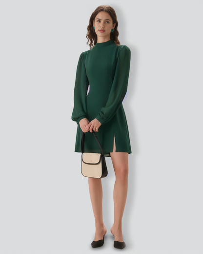 The Green Stand Collar Sheer Slit Mini Dress