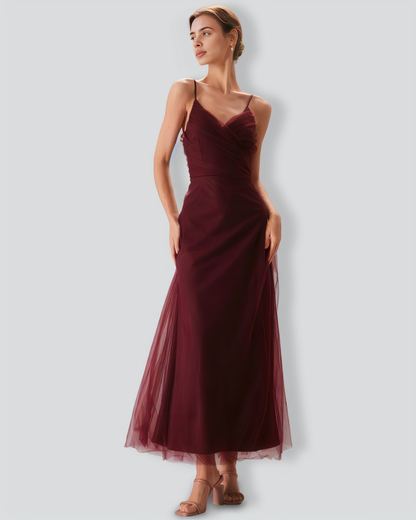 The Wine Red V Neck Mesh Wrap Maxi Dress