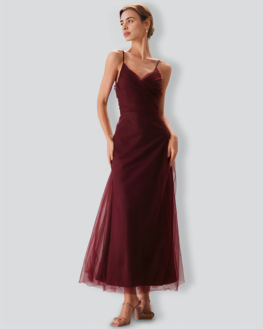 The Wine Red V Neck Mesh Wrap Maxi Dress