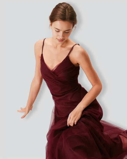 The Wine Red V Neck Mesh Wrap Maxi Dress