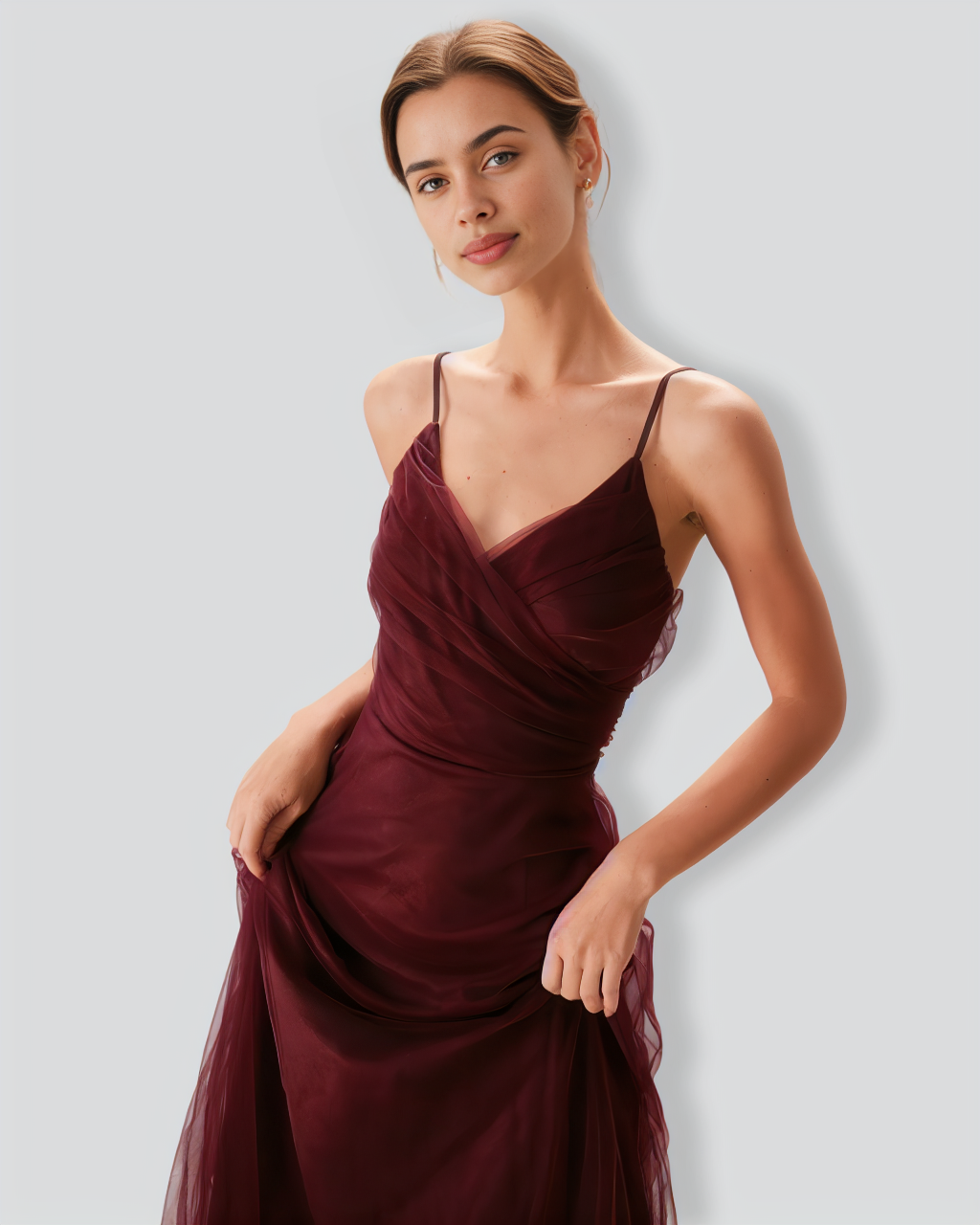 The Wine Red V Neck Mesh Wrap Maxi Dress
