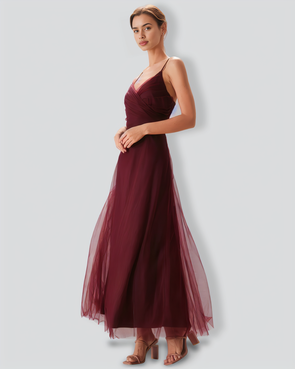 The Wine Red V Neck Mesh Wrap Maxi Dress