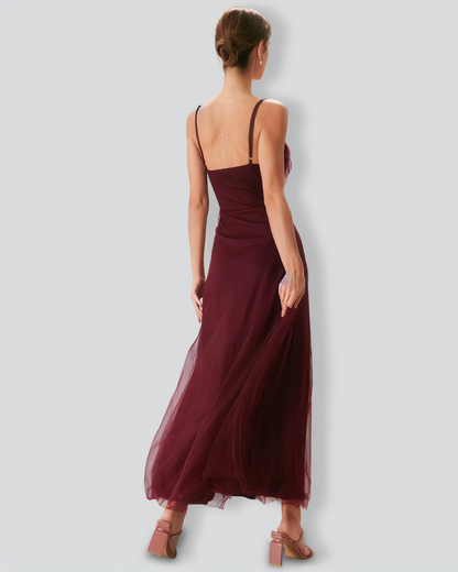 The Wine Red V Neck Mesh Wrap Maxi Dress