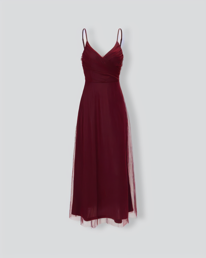 The Wine Red V Neck Mesh Wrap Maxi Dress