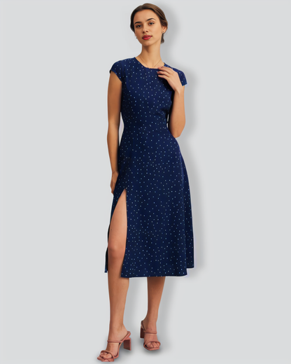 The Navy Round Neck Polka Dot Cutout Midi Dress