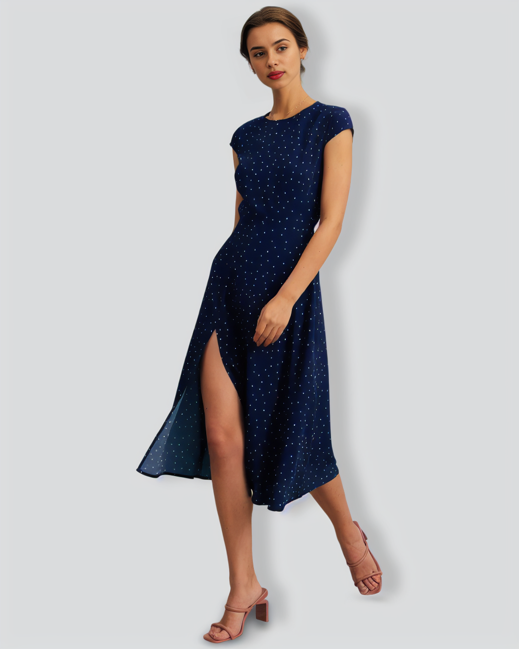 The Navy Round Neck Polka Dot Cutout Midi Dress