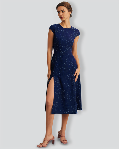 The Navy Round Neck Polka Dot Cutout Midi Dress
