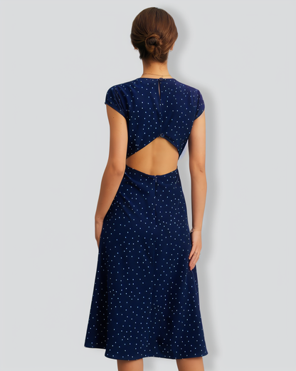 The Navy Round Neck Polka Dot Cutout Midi Dress