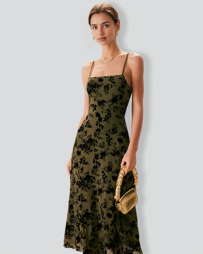 The Green Floral Burnout A-Line Slip Midi Dress