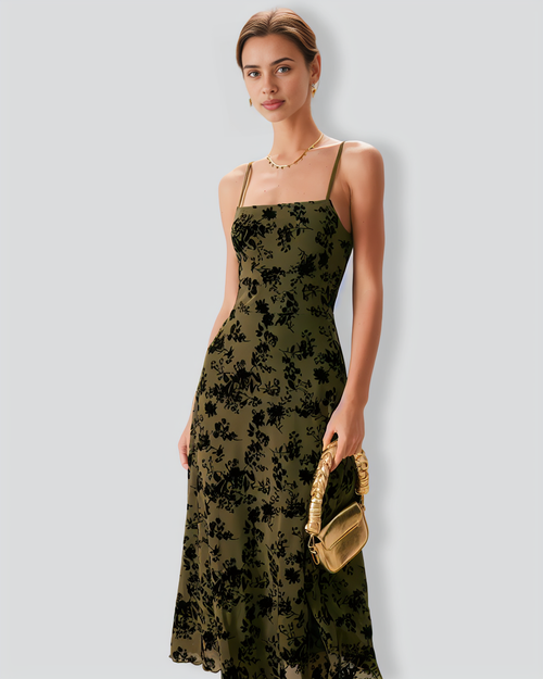 The Green Floral Burnout A-Line Slip Midi Dress