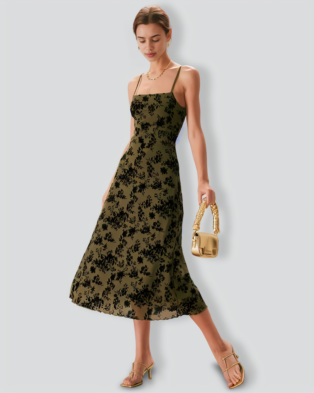 The Green Floral Burnout A-Line Slip Midi Dress
