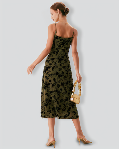 The Green Floral Burnout A-Line Slip Midi Dress
