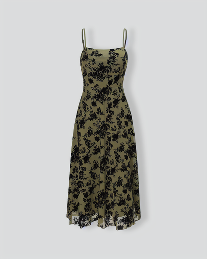 The Green Floral Burnout A-Line Slip Midi Dress