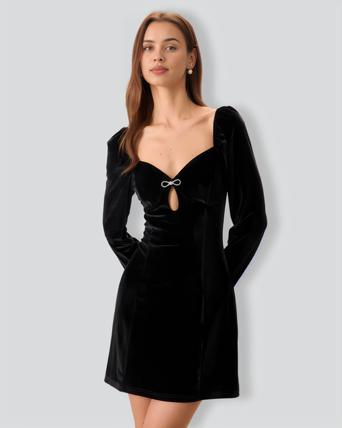 Women's Black Puffed Sleeve Velvet Mini Dress