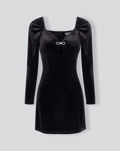 Women's Black Puffed Sleeve Velvet Mini Dress