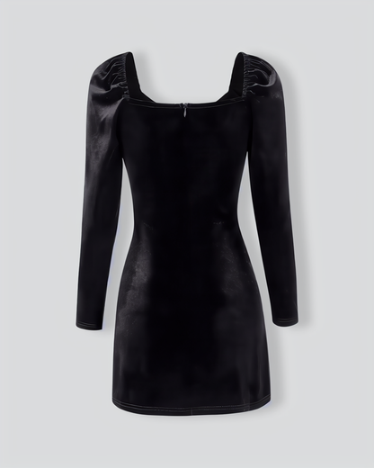 Women's Black Puffed Sleeve Velvet Mini Dress