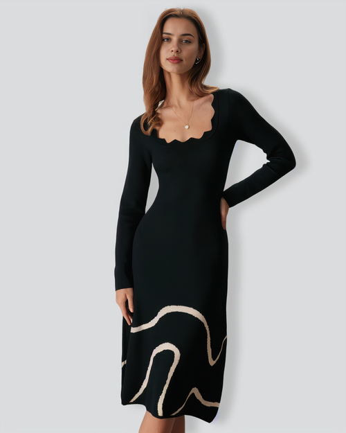 The Black Wave Scalloped Sweater Midi Dress
