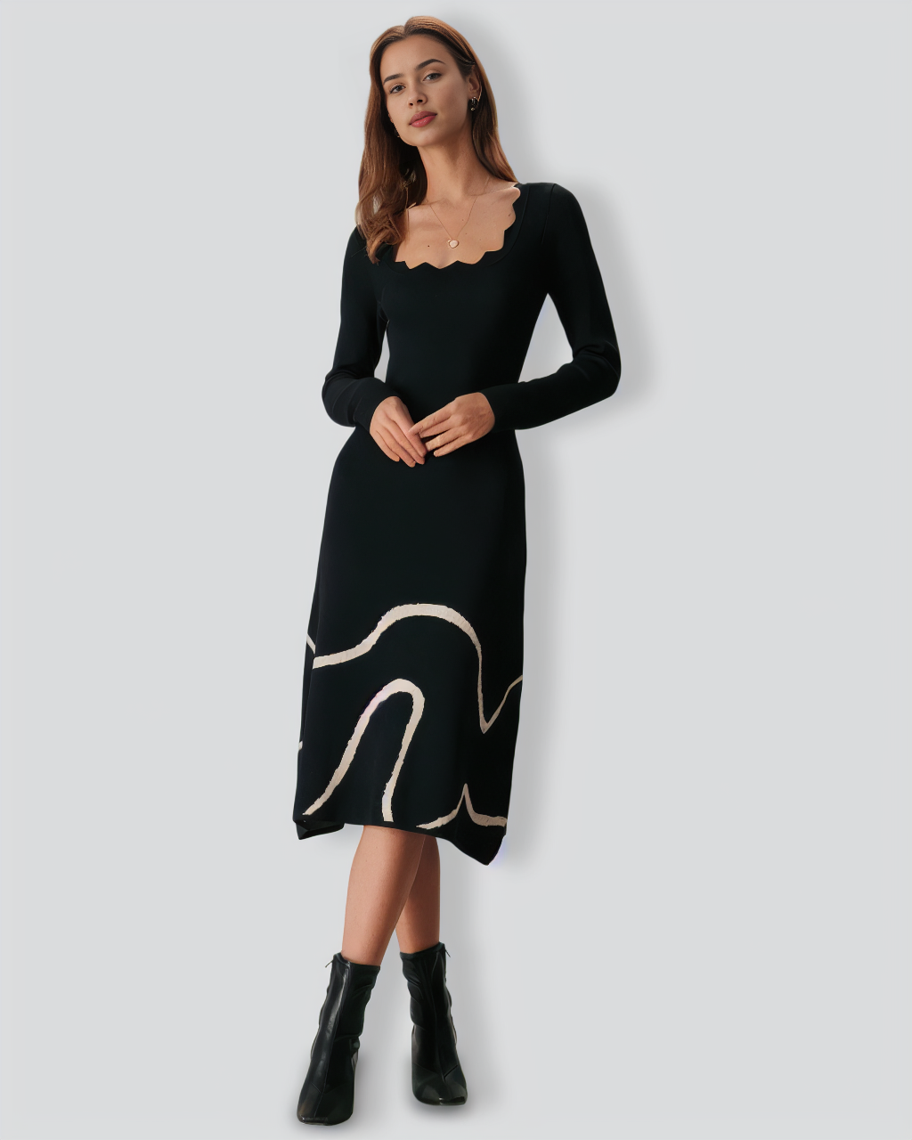 The Black Wave Scalloped Sweater Midi Dress
