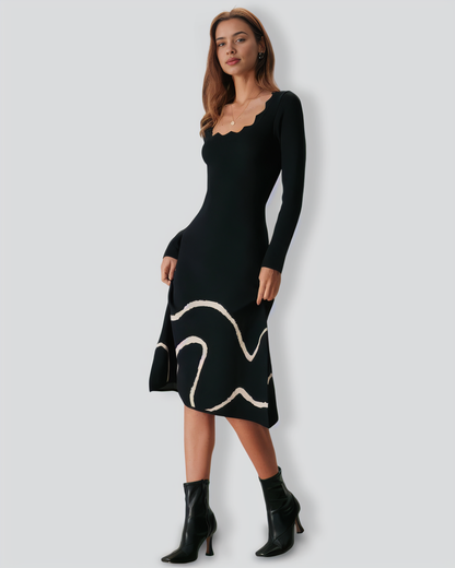 The Black Wave Scalloped Sweater Midi Dress
