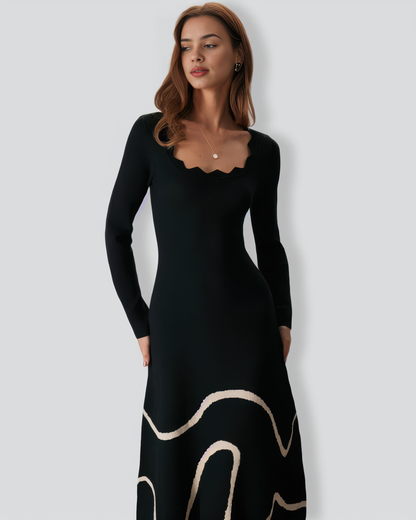 The Black Wave Scalloped Sweater Midi Dress
