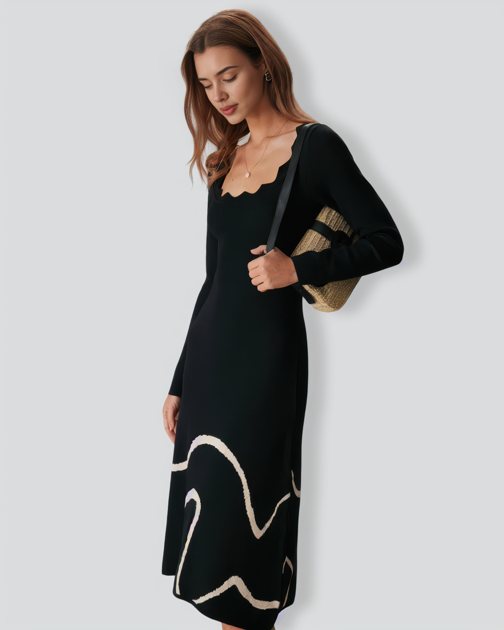 The Black Wave Scalloped Sweater Midi Dress