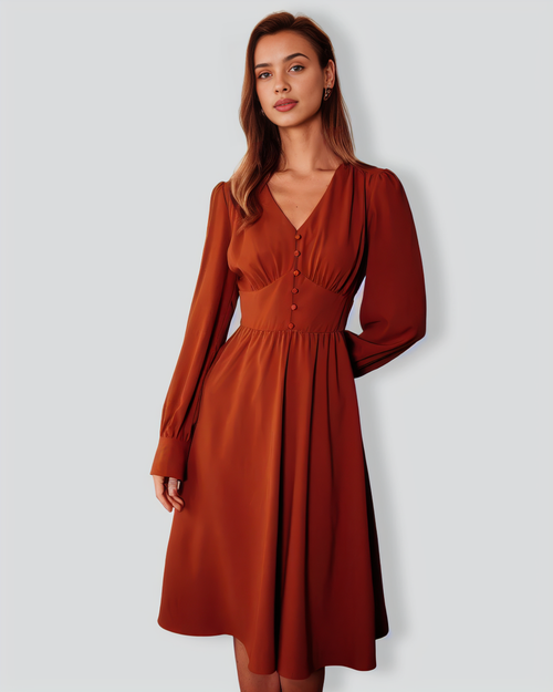 The Orange V Neck Pleated Button Midi Dress