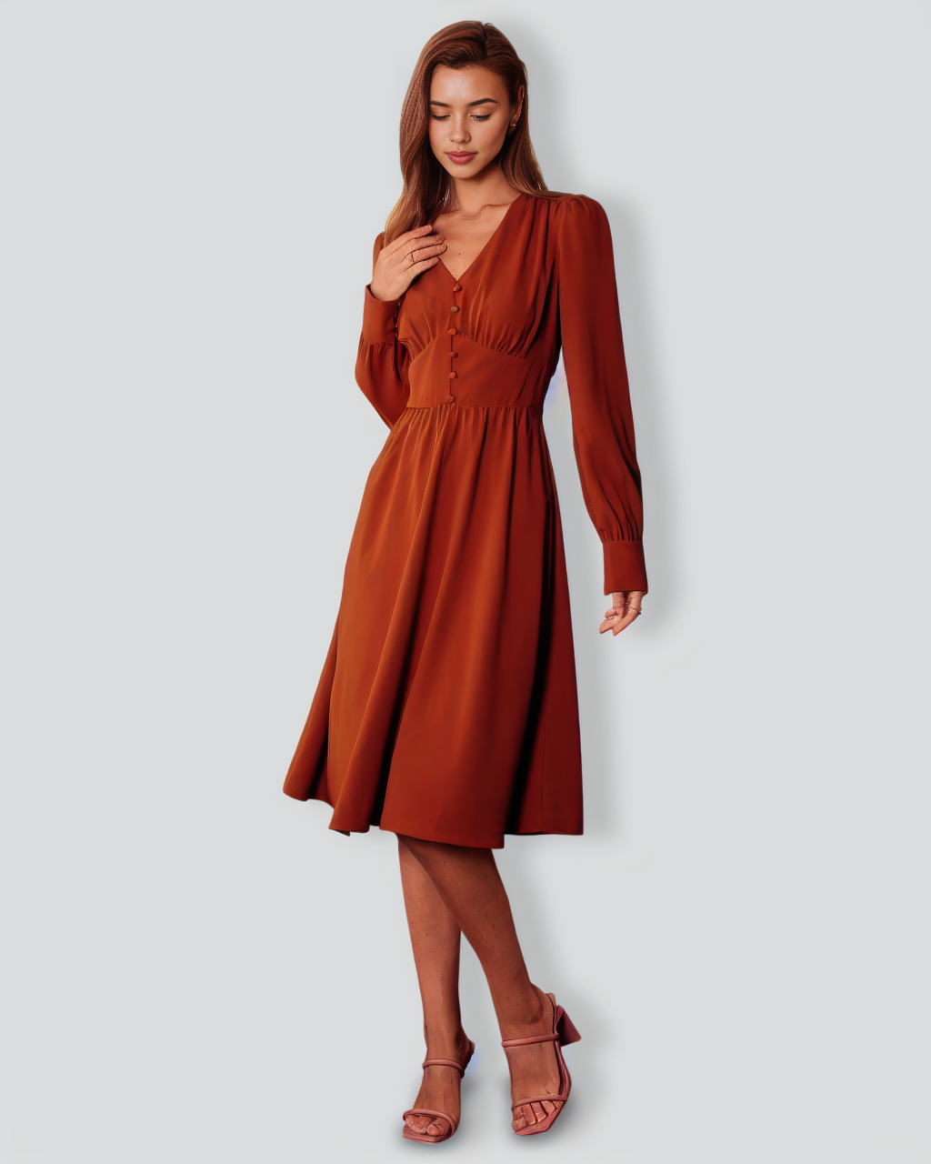 The Orange V Neck Pleated Button Midi Dress