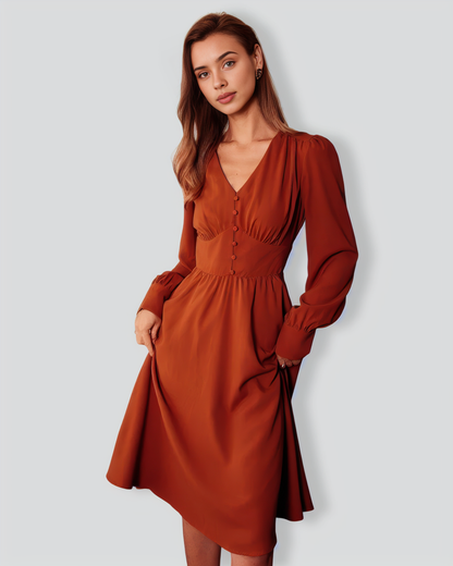 The Orange V Neck Pleated Button Midi Dress