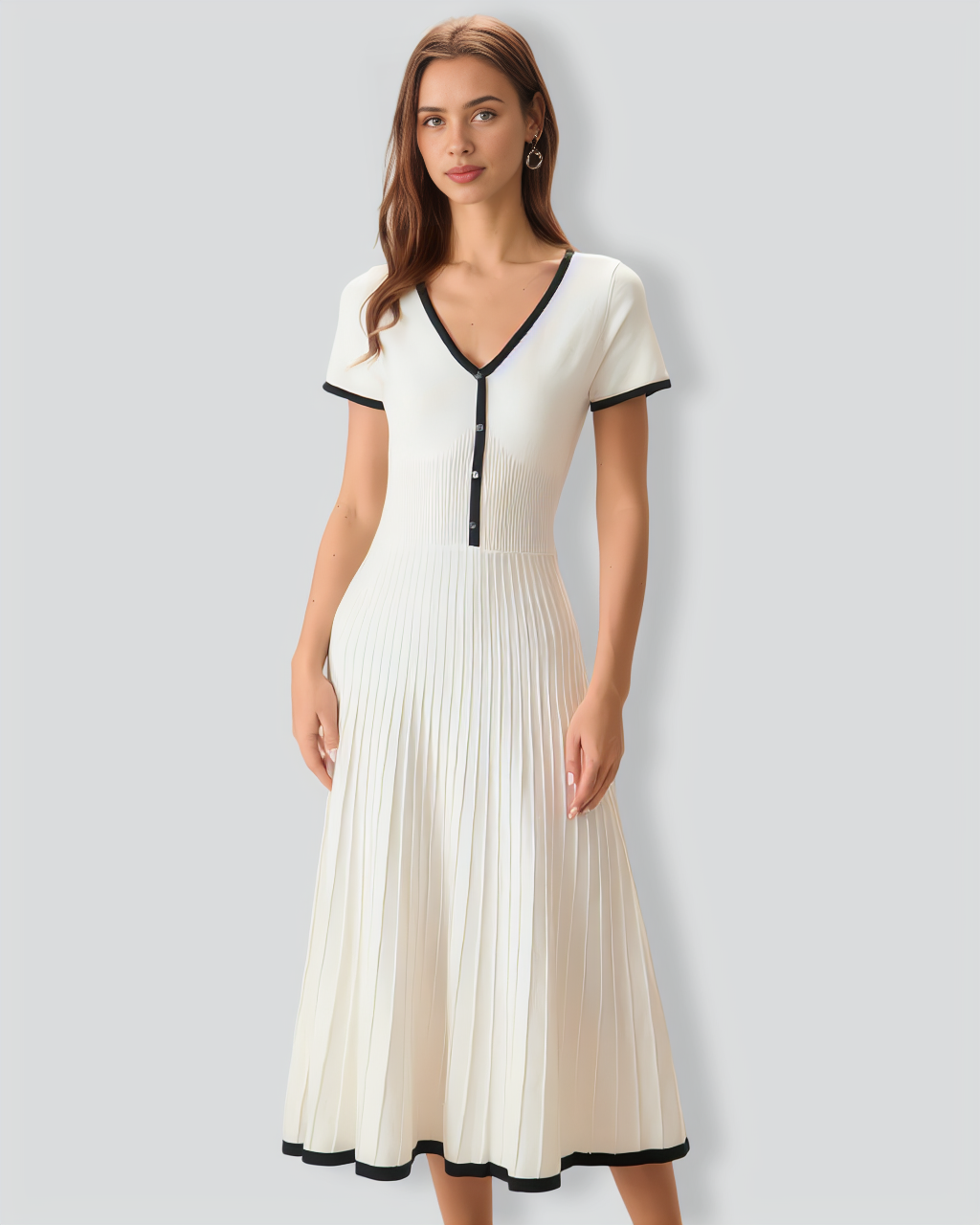 Women's White Contrasting Sweater Midi Dress