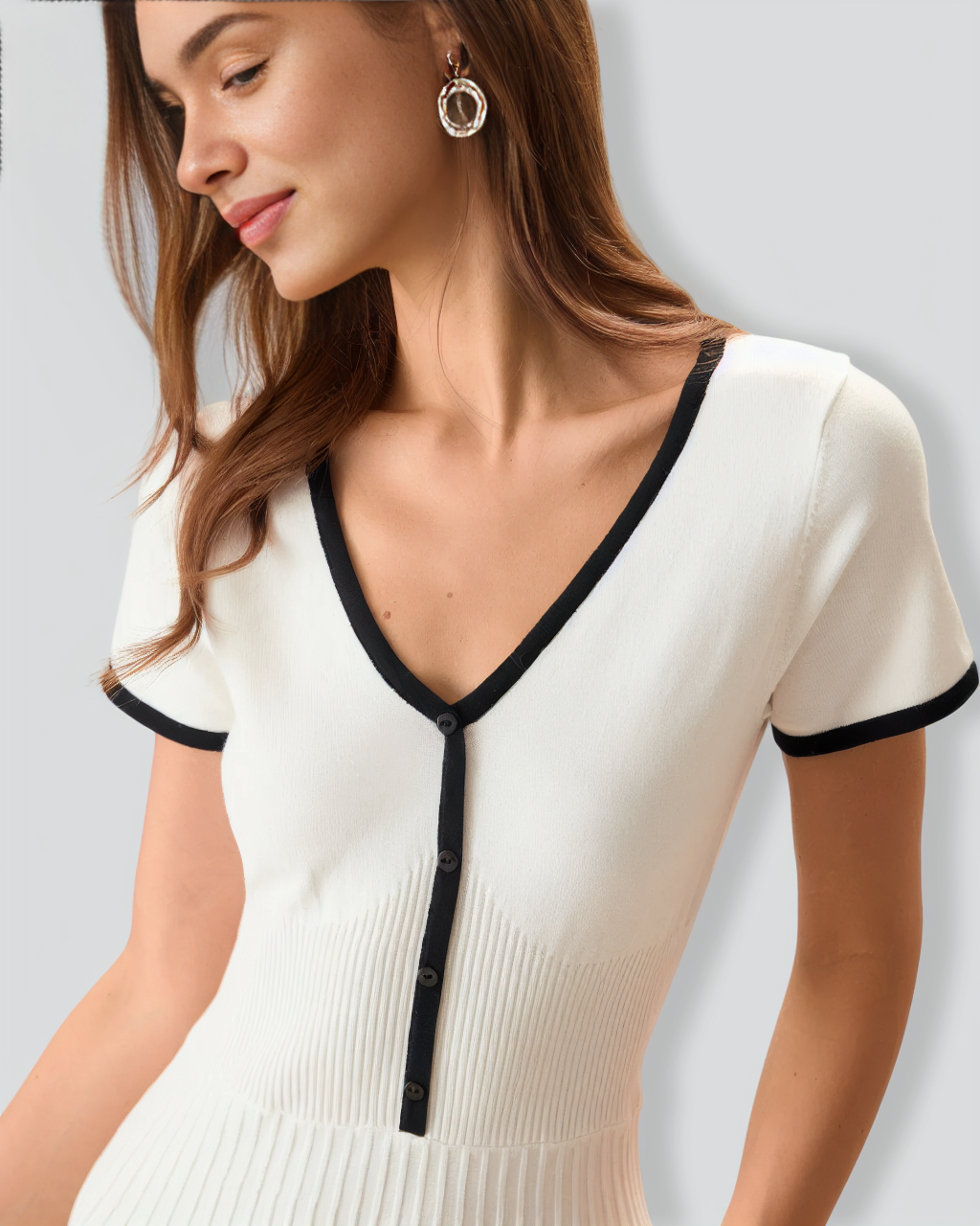 Women's White Contrasting Sweater Midi Dress