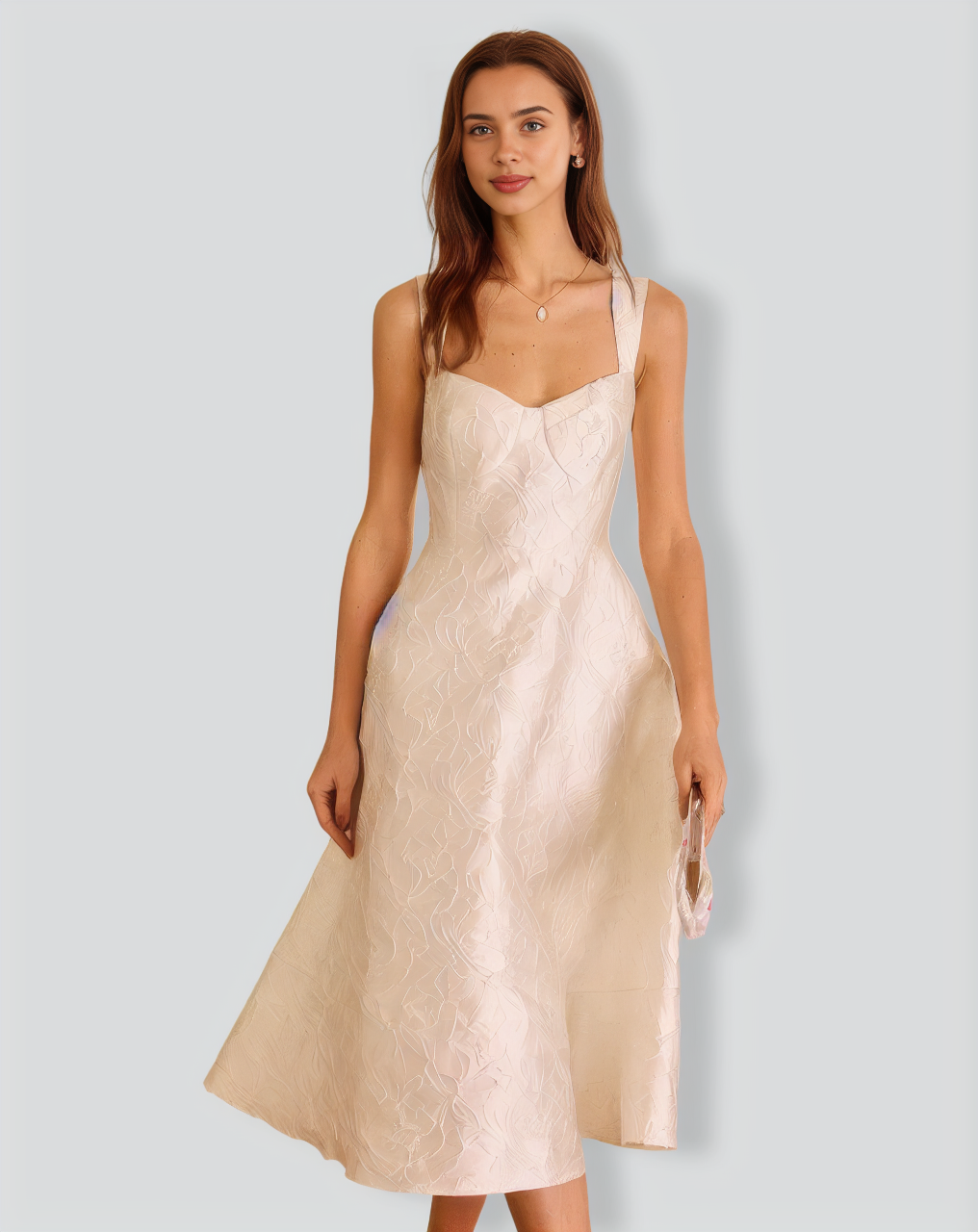 The White Sweetheart Neck Jacquard Midi Dress