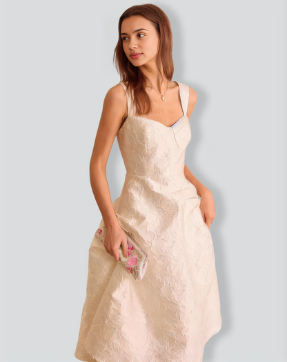The White Sweetheart Neck Jacquard Midi Dress