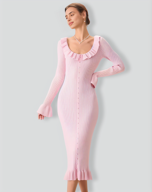 Women's Pink U-Neck Ruffle Bodycon Sweater Dress