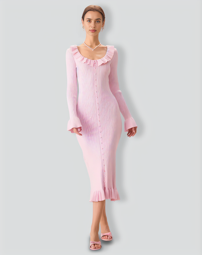 Women's Pink U-Neck Ruffle Bodycon Sweater Dress