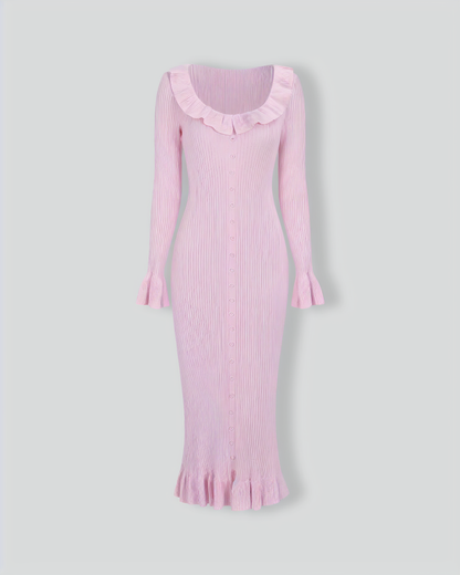 Women's Pink U-Neck Ruffle Bodycon Sweater Dress