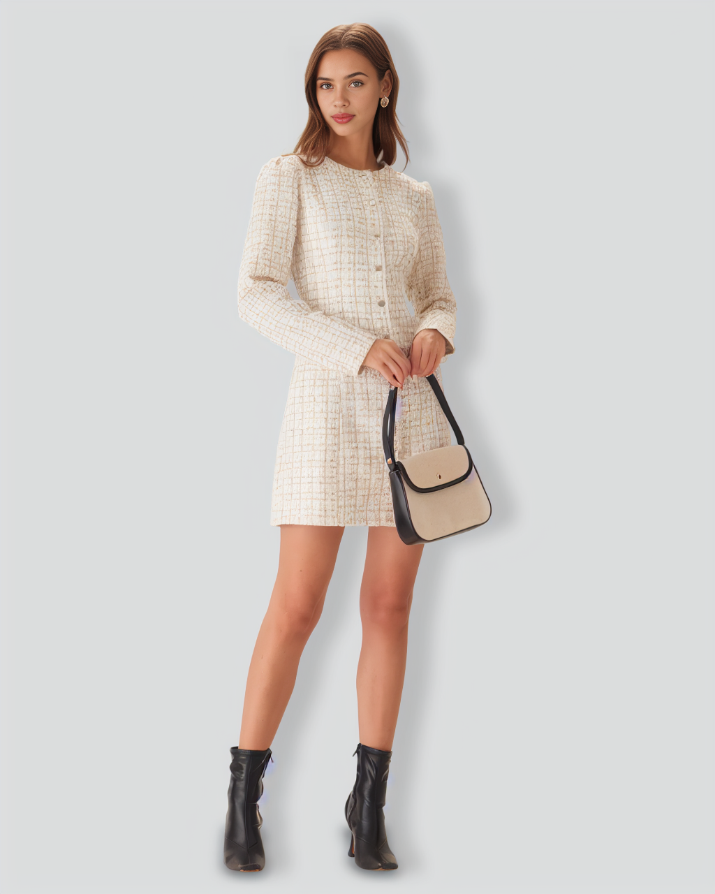 White Square Neck Tweed Mini Dress