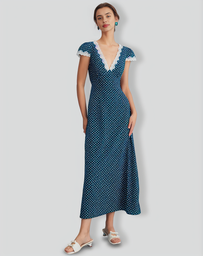 Navy V Neck Polka Dot Lace Ruched Maxi Dress
