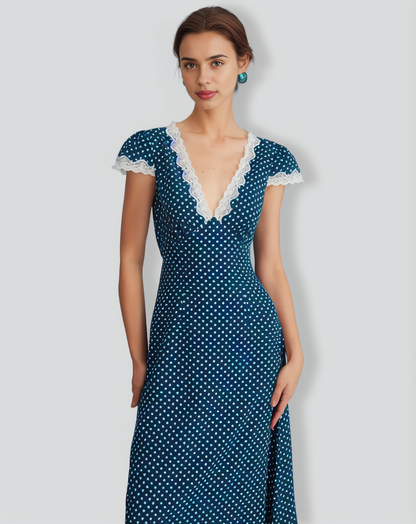 Navy V Neck Polka Dot Lace Ruched Maxi Dress