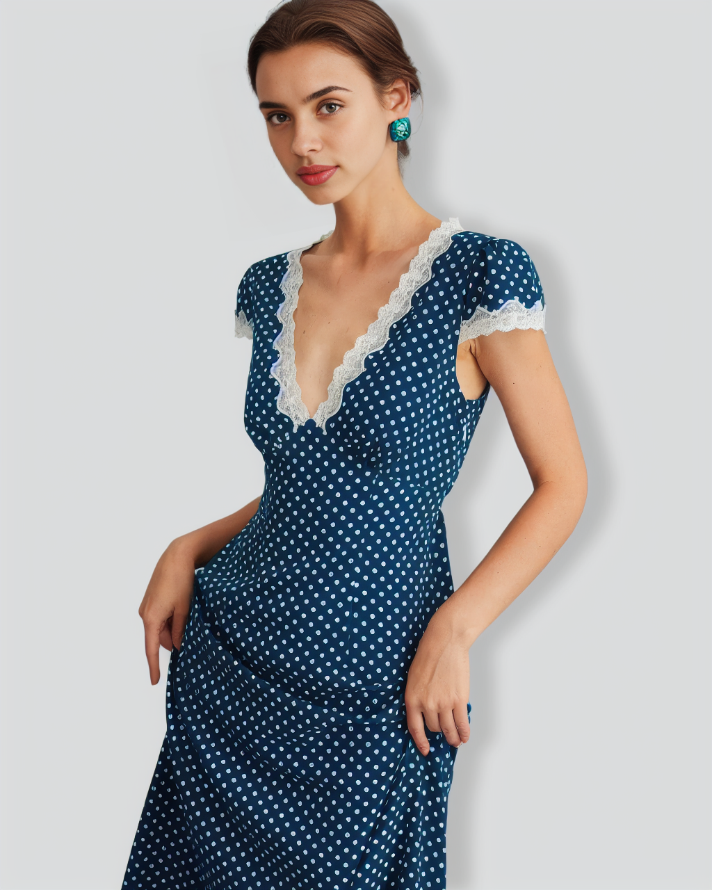 Navy V Neck Polka Dot Lace Ruched Maxi Dress