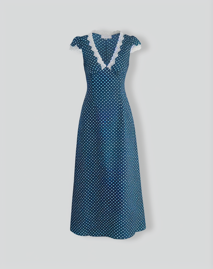 Navy V Neck Polka Dot Lace Ruched Maxi Dress