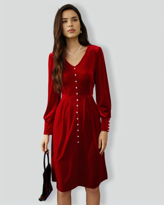 The Pearl Button Red Velvet Dress