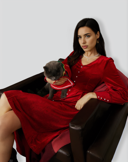 The Pearl Button Red Velvet Dress