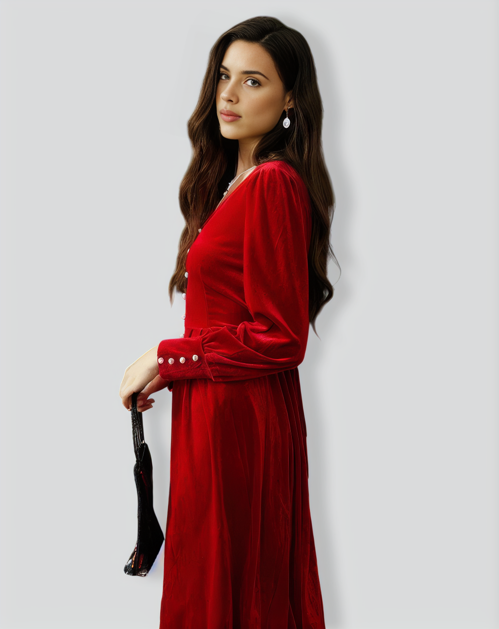 The Pearl Button Red Velvet Dress