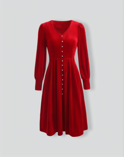 The Pearl Button Red Velvet Dress