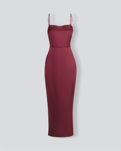 The Red Back Slit Satin Sling Maxi Dress