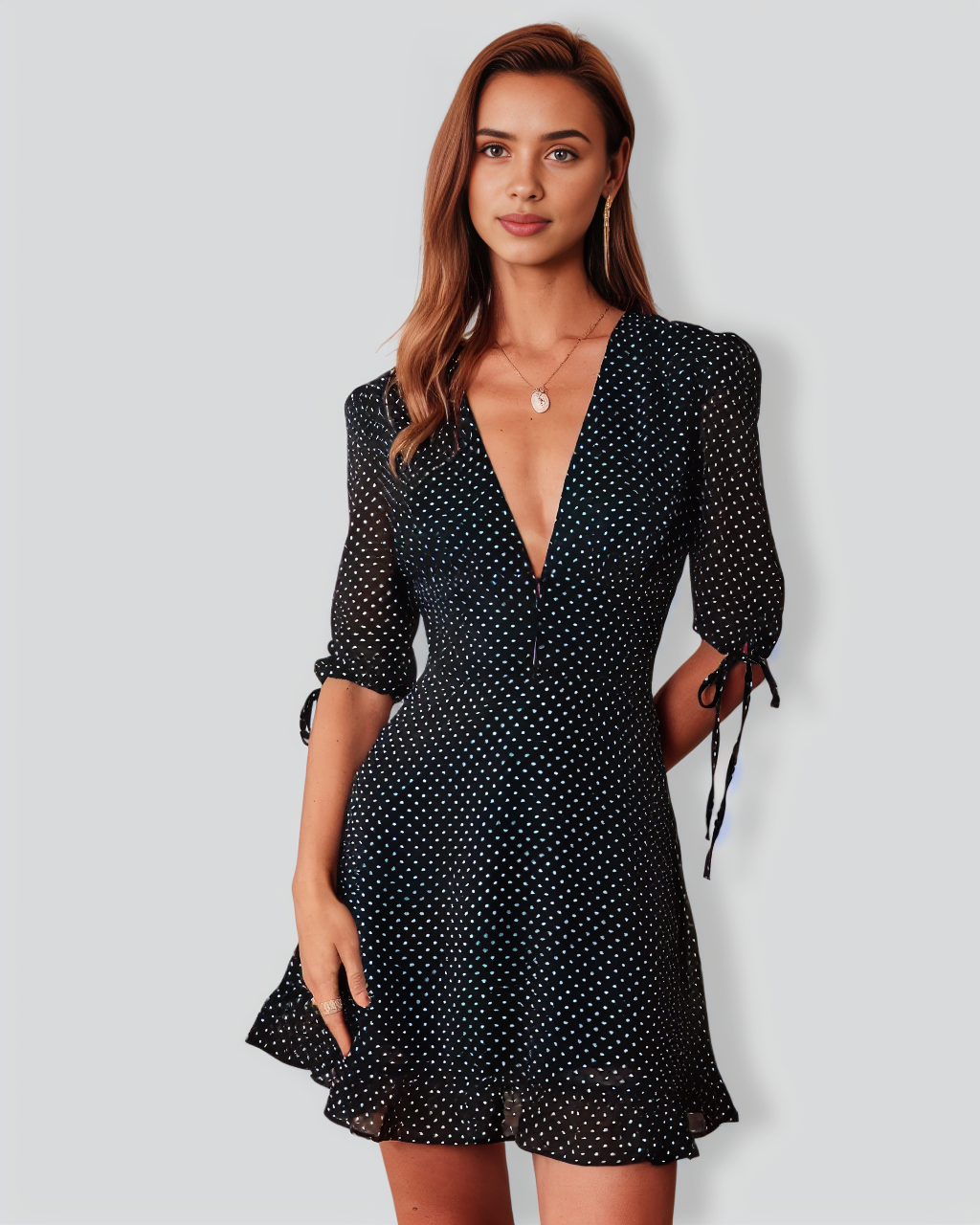 The Black Deep V Neck Polka Dot Mini Dress