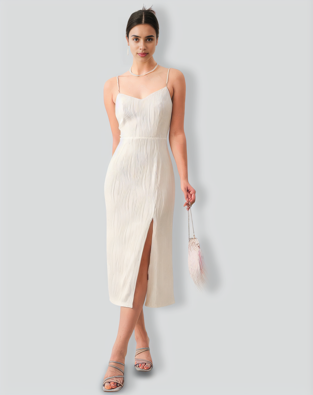 The Wave Textured Pearl Strap Midi Dress