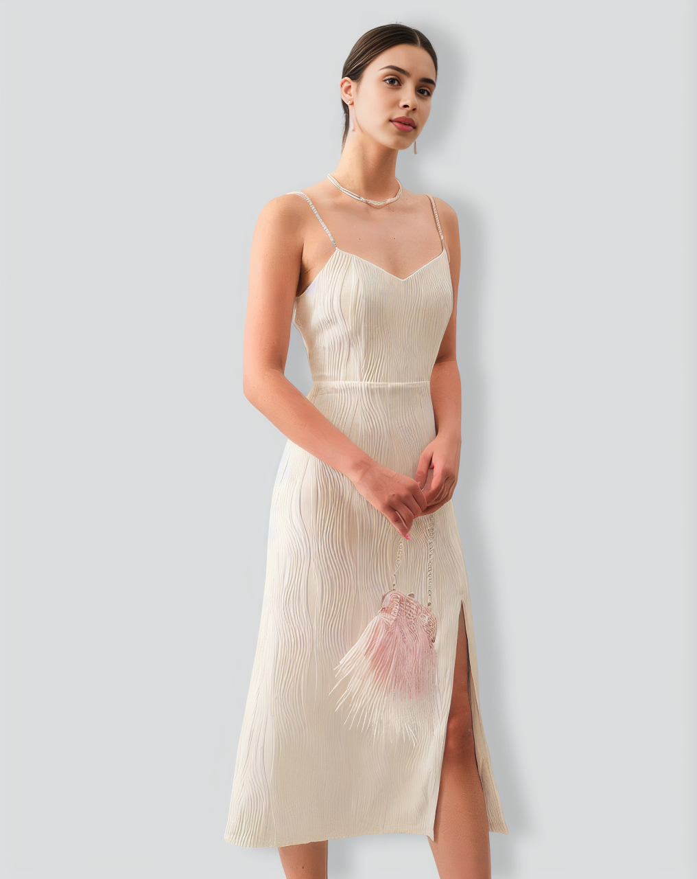 The Wave Textured Pearl Strap Midi Dress